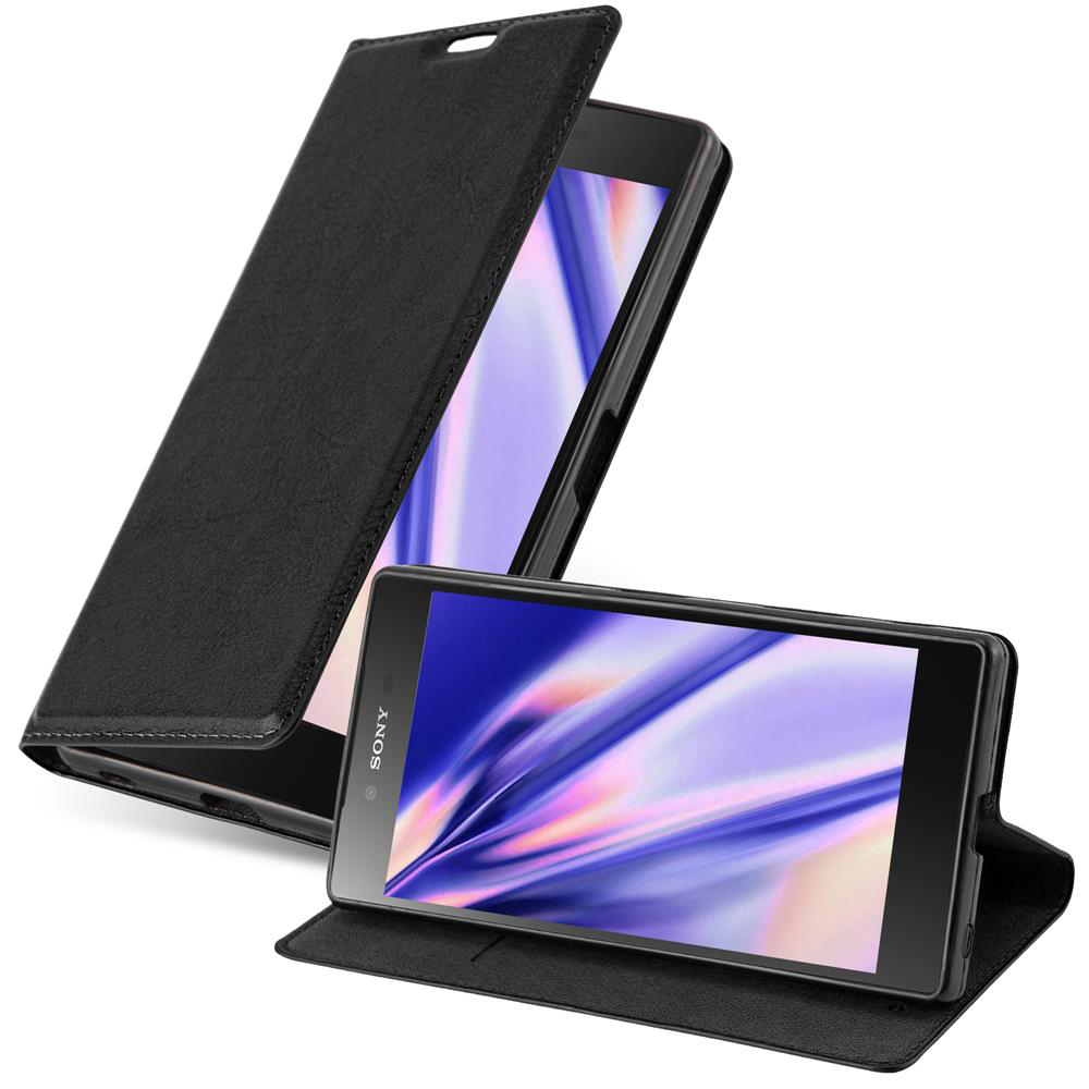 Dos fundas negras para teléfono, una abierta mostrando la pantalla y otra cerrada.