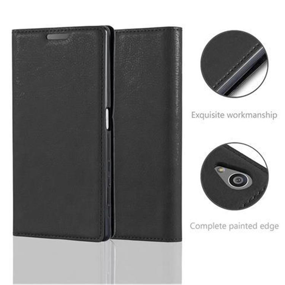 Una funda de teléfono negra, un primer plano detallado y texto: mano de obra exquisita.