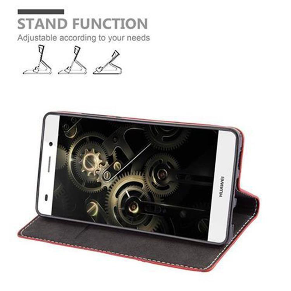 Telefono in custodia aperto, ingranaggi sullo schermo, funzione stand.