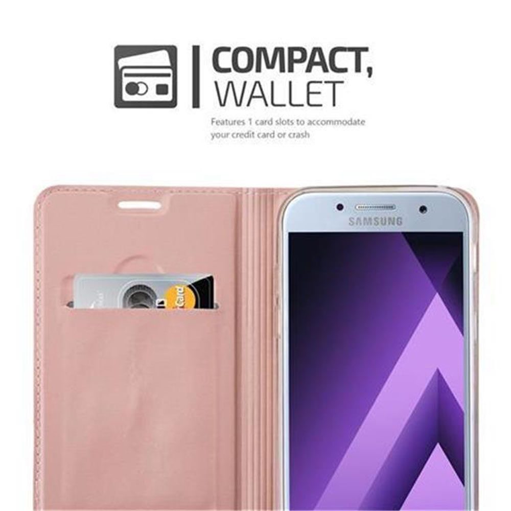 Rosa Handyhülle mit Telefon und Kreditkarte, kompaktes Wallet-Design.