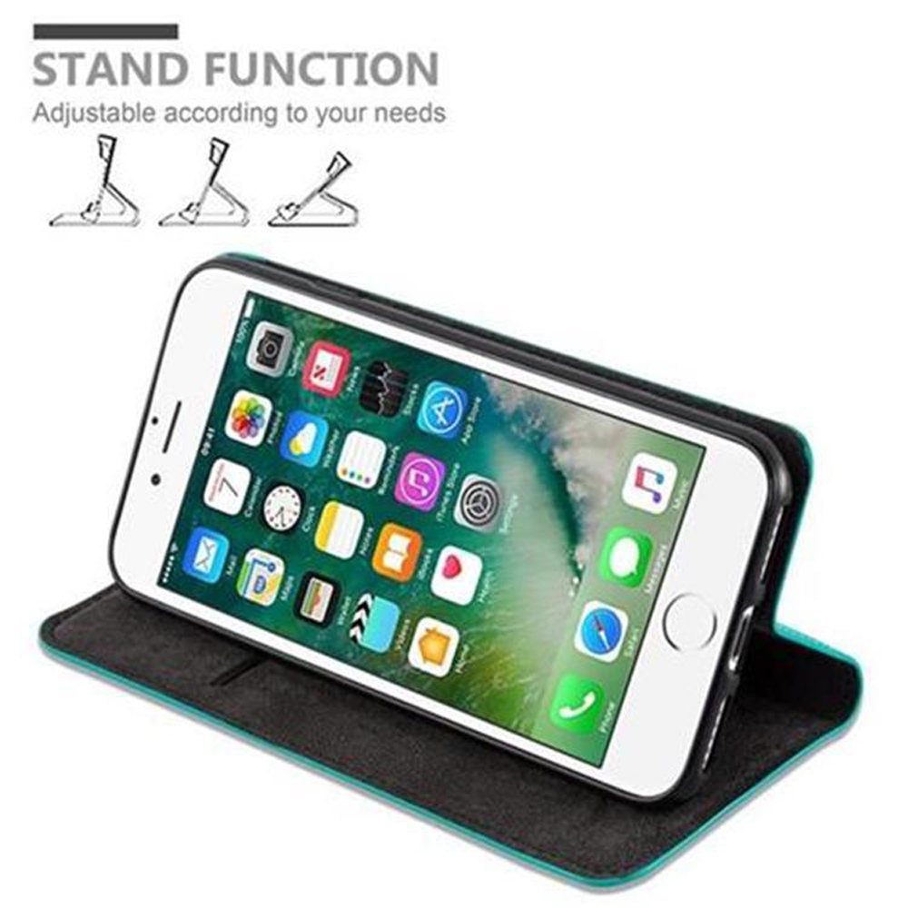 Uno smartphone in una custodia. Il telefono è aperto con un display di app e uno sfondo bianco.