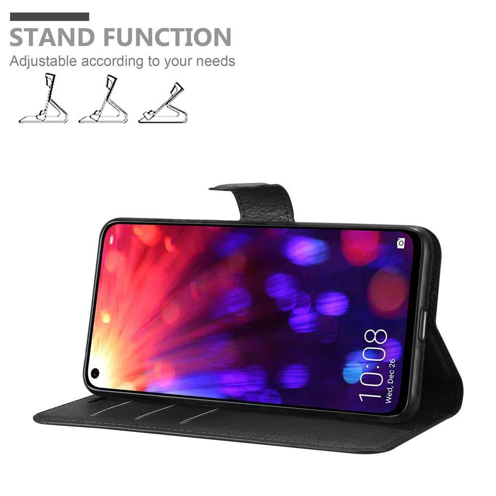 Schwarze Handyhülle mit Telefon, das die Uhrzeit anzeigt, und Standfunktion.