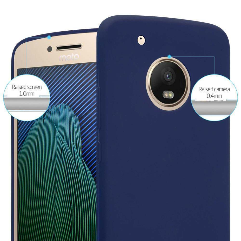 Una custodia blu navy con un telefono all'interno. La custodia ha protezione dello schermo e della fotocamera rialzate.