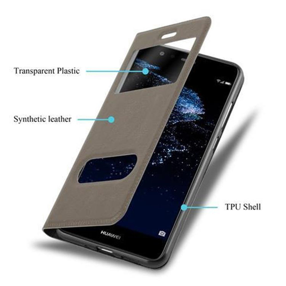 Una custodia per telefono è aperta, mostrando il telefono all'interno. La custodia ha plastica trasparente e similpelle.