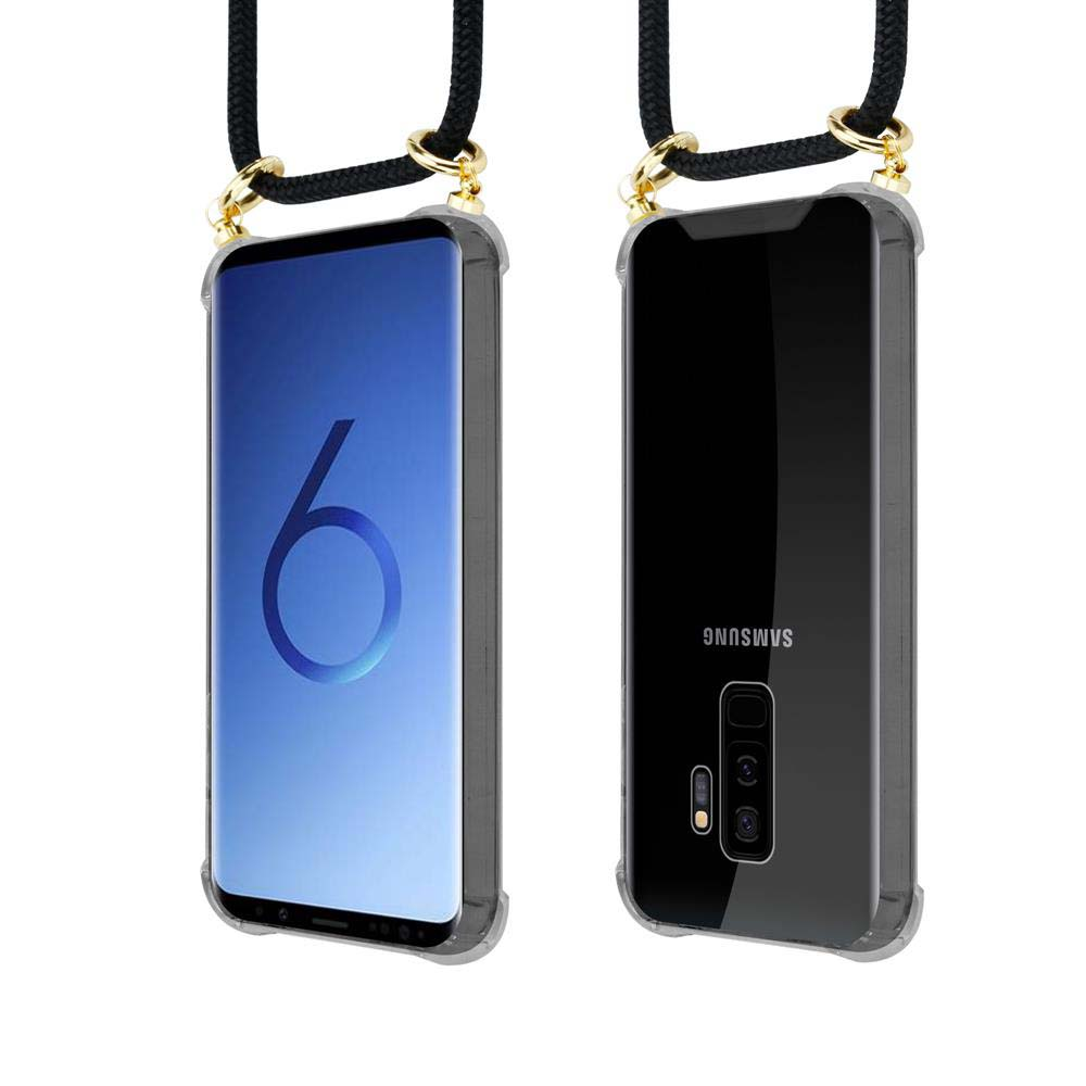 Due telefoni in custodie trasparenti con cinturino nero. Sfondo blu.