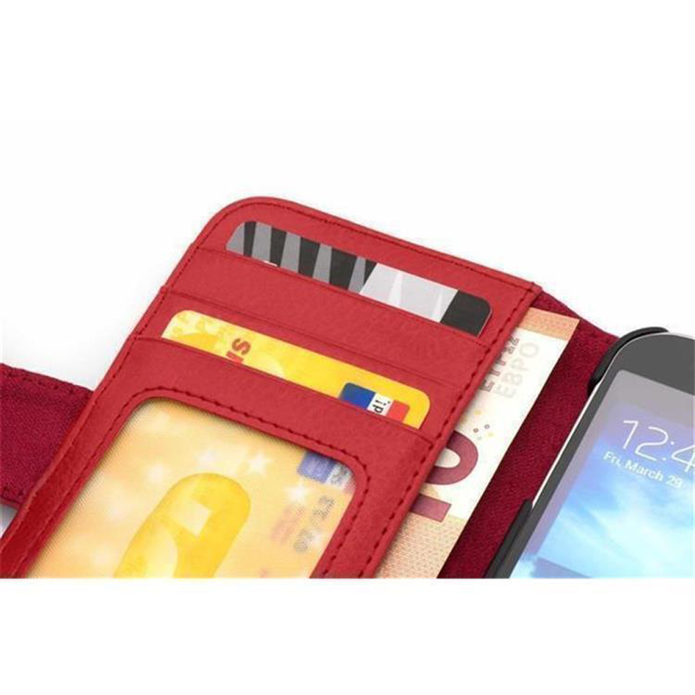 Eine rote Handyhülle geöffnet, mit Kreditkarten und Geld, mit einem Telefon darin.
