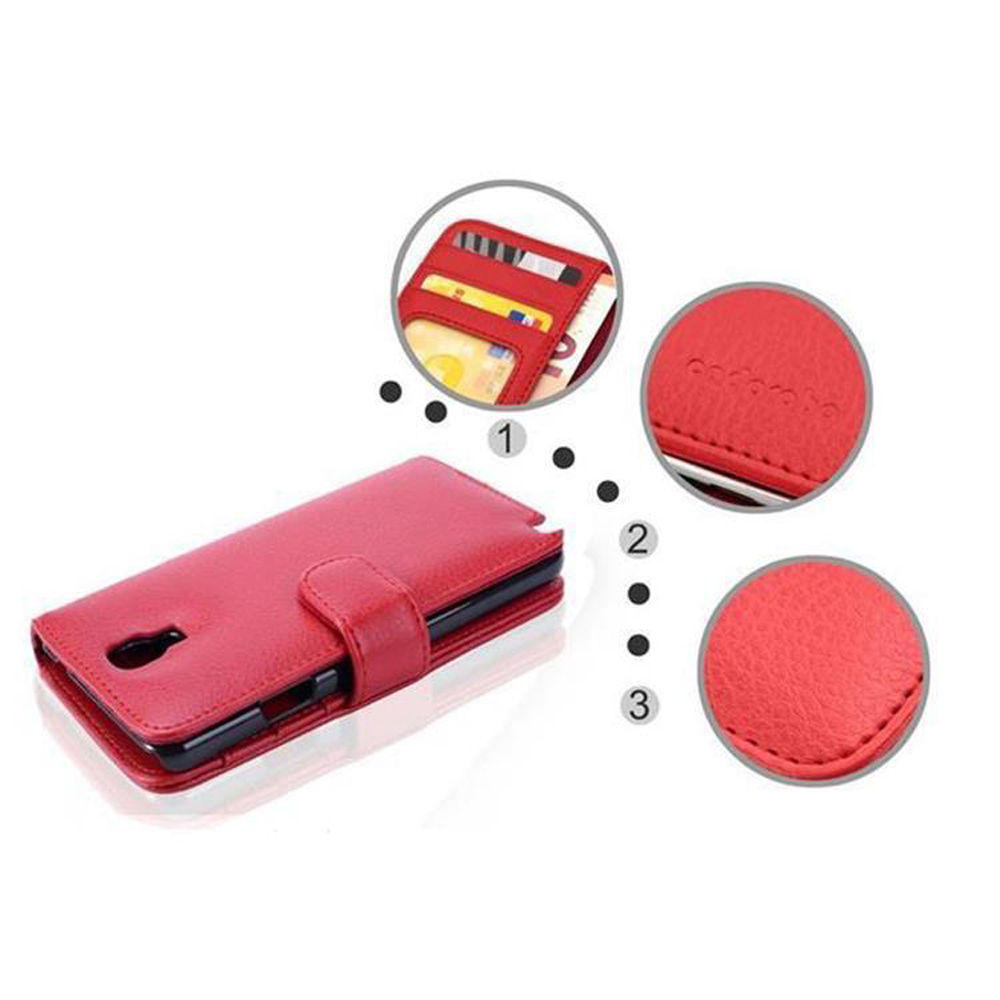 Étui de téléphone rouge. Trois gros plans : cartes à l'intérieur, un logo et la texture de l'étui.