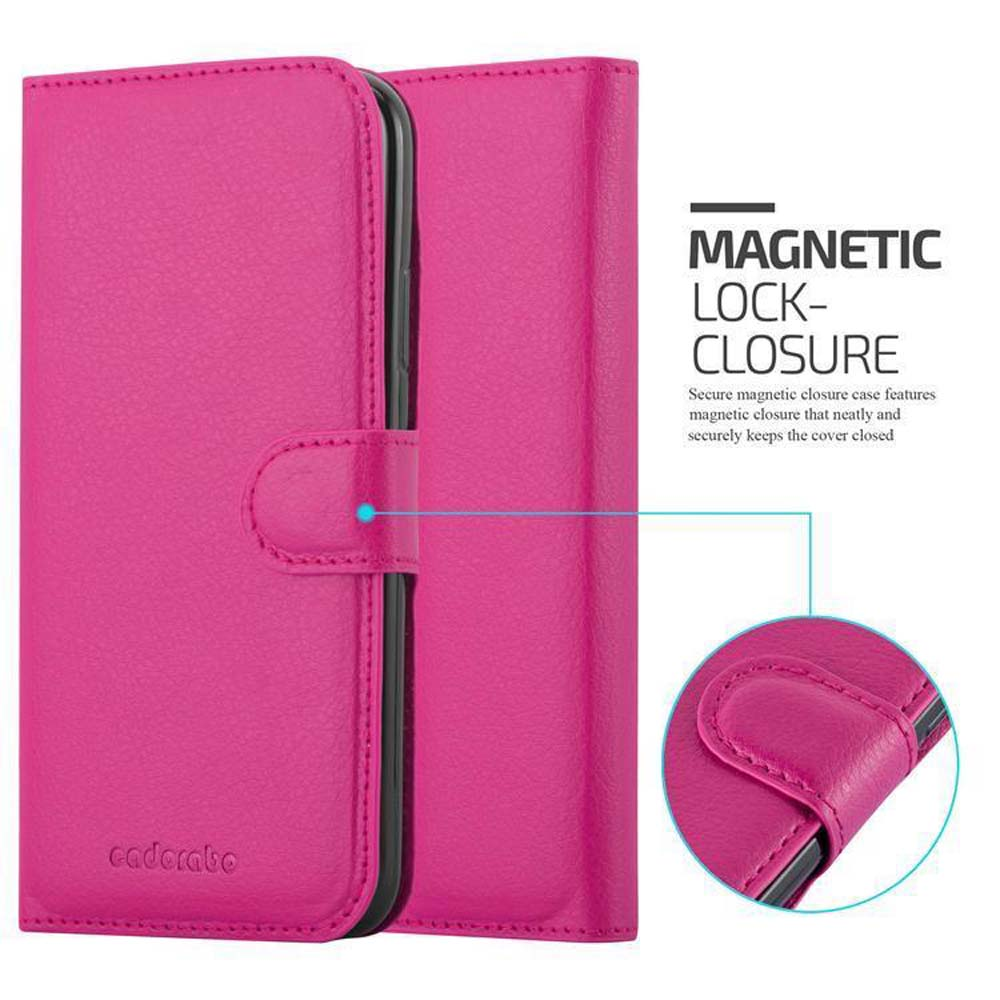 Custodia rosa con chiusura magnetica. I dettagli mostrano la chiusura.