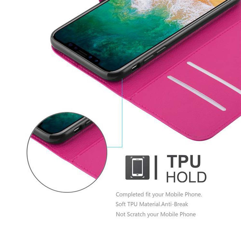 Custodia rosa con telefono, mostra il design e i dettagli.