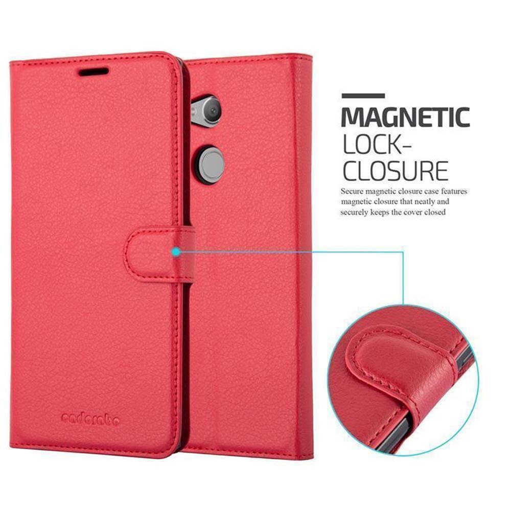 Custodia rossa per telefono aperta, con chiusura magnetica, dettagli in primo piano.