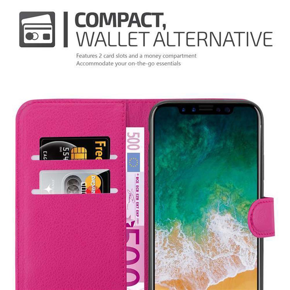 Custodia rosa con carte e denaro all'interno. Un telefono è visibile.