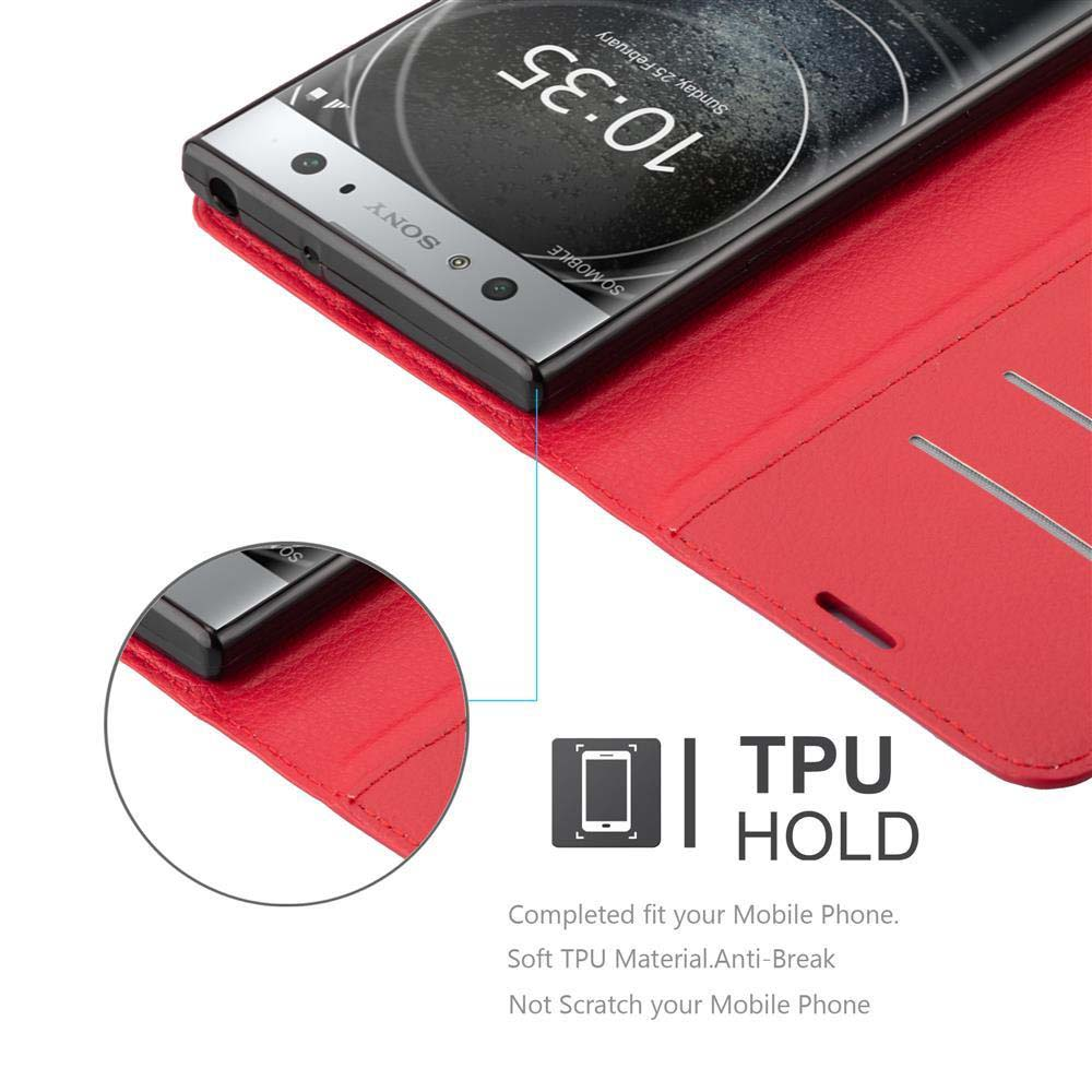Custodia per telefono rossa aperta, che mostra il telefono. Telefono su supporto, sfondo bianco.