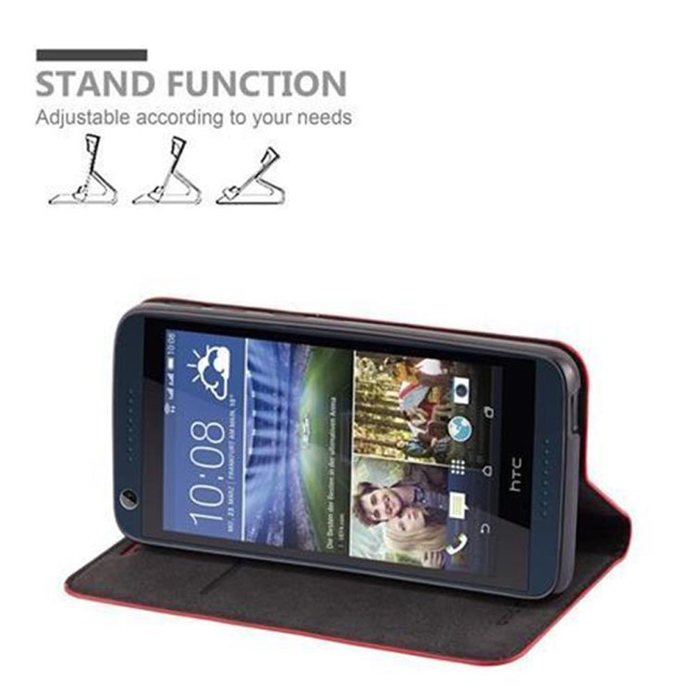 Telefon in Hülle, offen und stehend. Das Telefon zeigt farbiges Bild. Standfunktion.