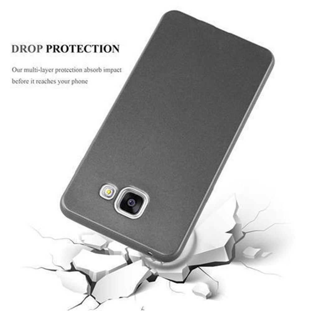 Eine graue Handyhülle mit Kamera zerbricht eine weiße Oberfläche, mit Text: DROP PROTECTION.