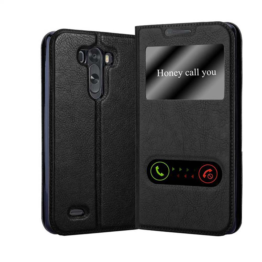 Funda de teléfono negra abierta, mostrando una pantalla que dice "Honey call you". Botones verdes y rojos visibles.