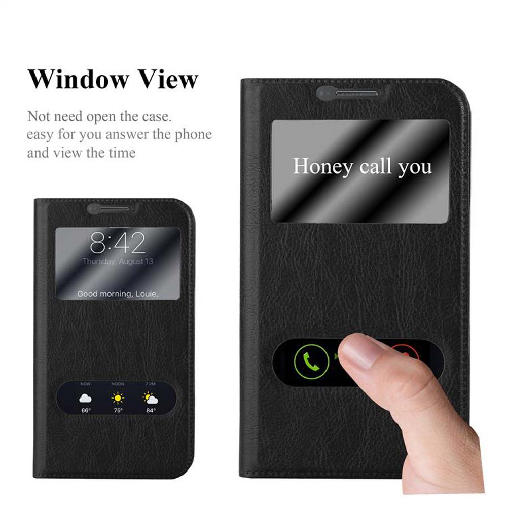 Funda de teléfono negra con ventana, mostrando la hora, el tiempo y una pantalla de llamada.