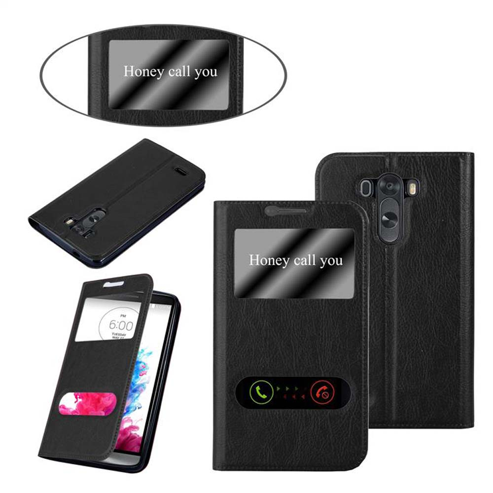Funda negra para teléfono con ventana, teléfono dentro. Texto 'Honey call you' visible.