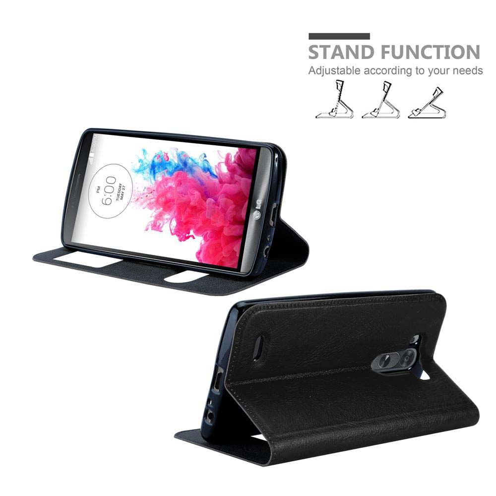 Teléfono en una funda con función de soporte. La funda está abierta y apoyada. También se muestra la función de soporte.