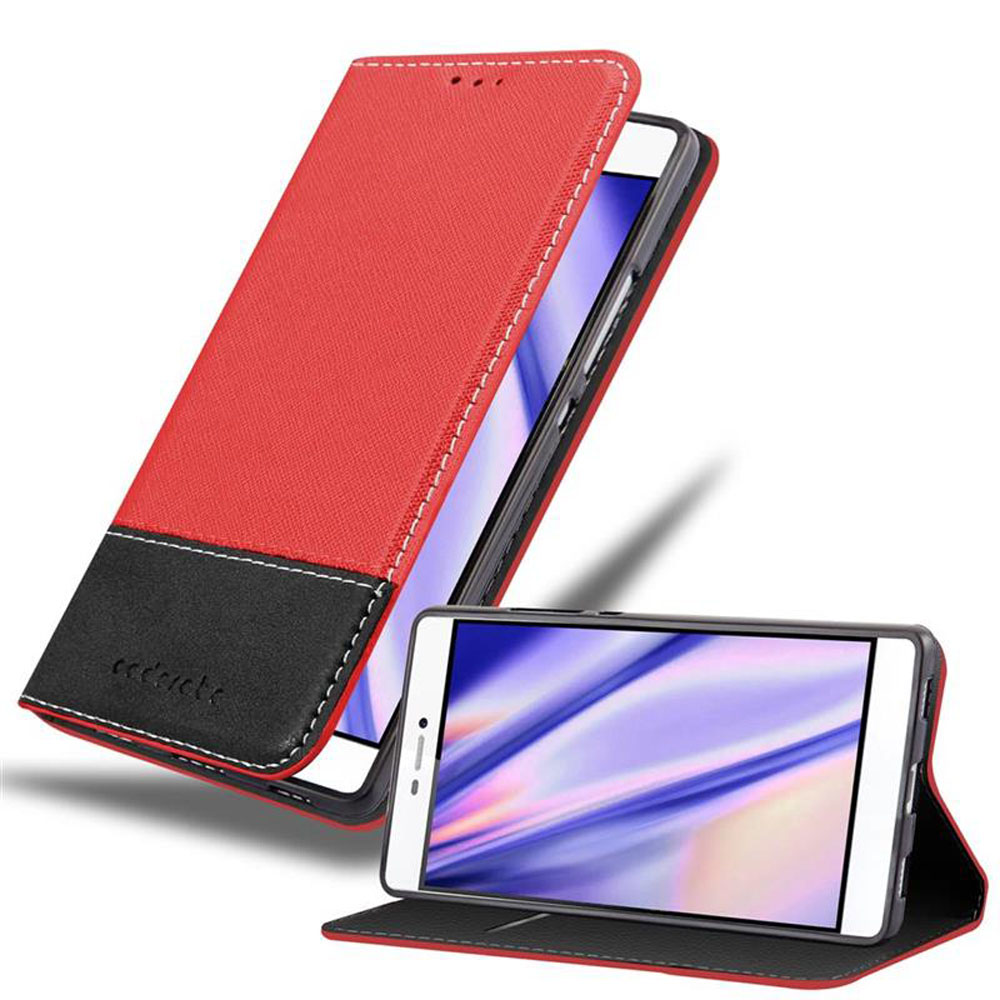 Custodia per telefono rossa e nera in due posizioni. Una è chiusa, l'altra è aperta, mostrando il telefono.