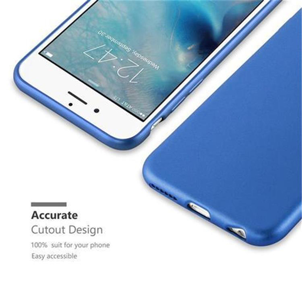 Uno smartphone in una custodia blu. Lo schermo mostra l'ora e la data.