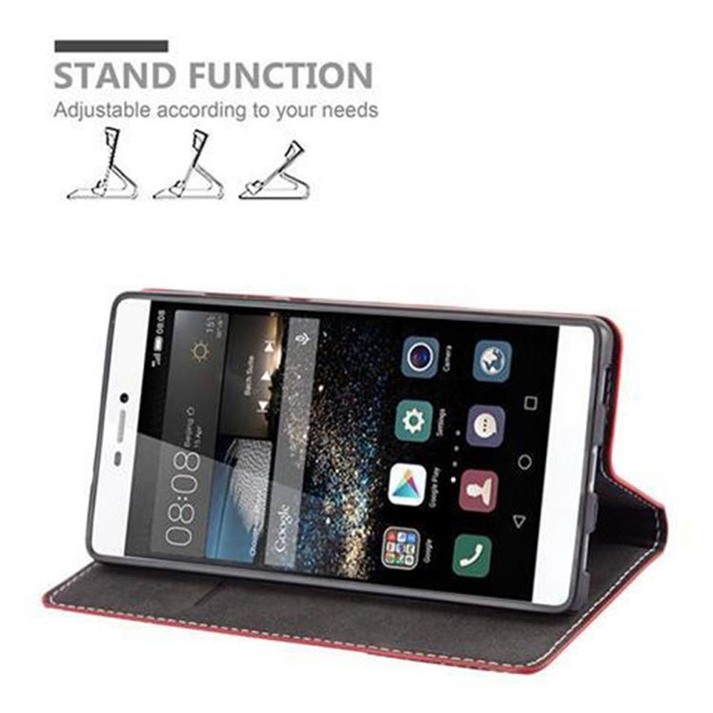 Smartphone in una custodia, appoggiato. Mostra la funzione stand con posizioni regolabili. Sfondo bianco.