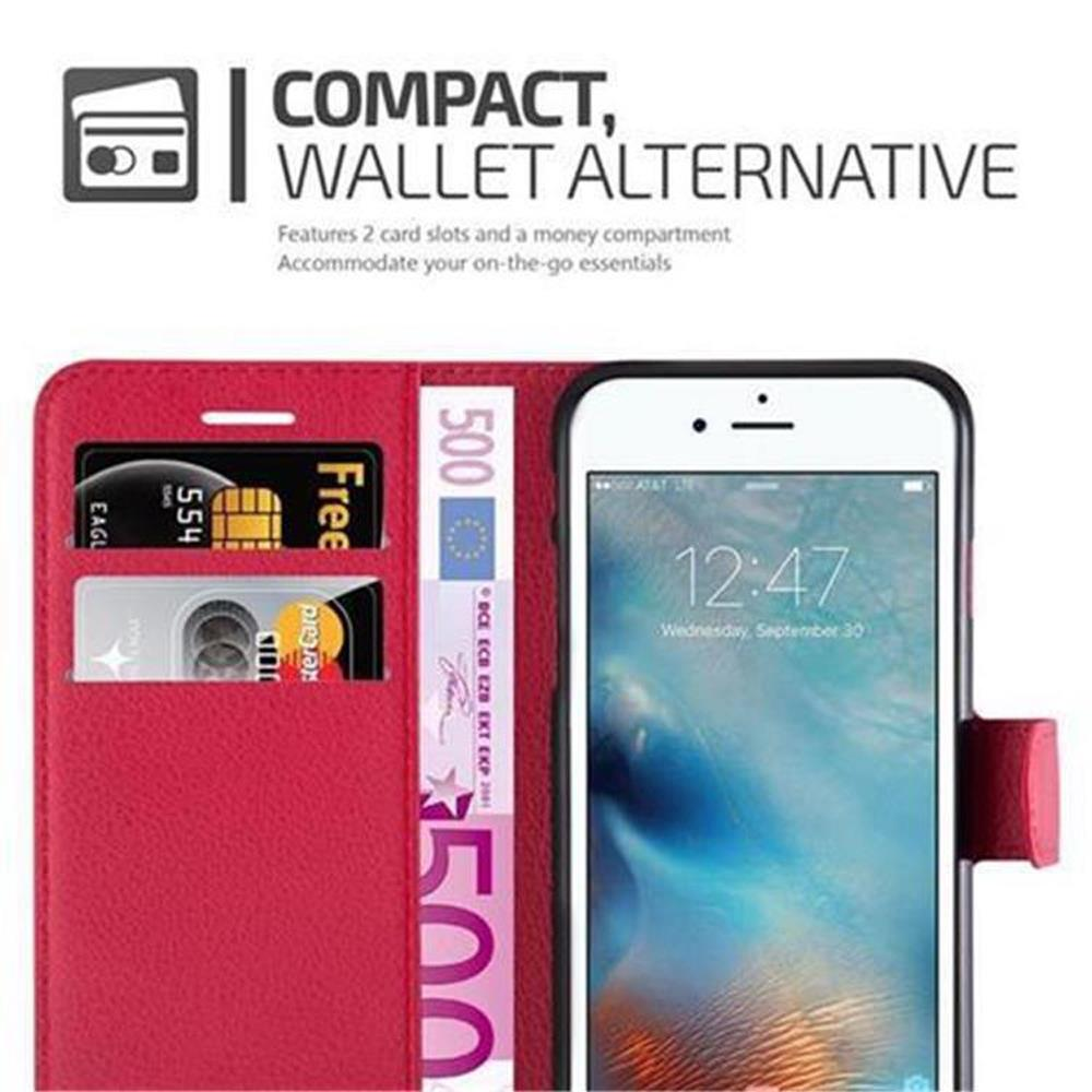 Rote Brieftasche mit Telefon, Kartenfächern mit Karten und Bargeld.