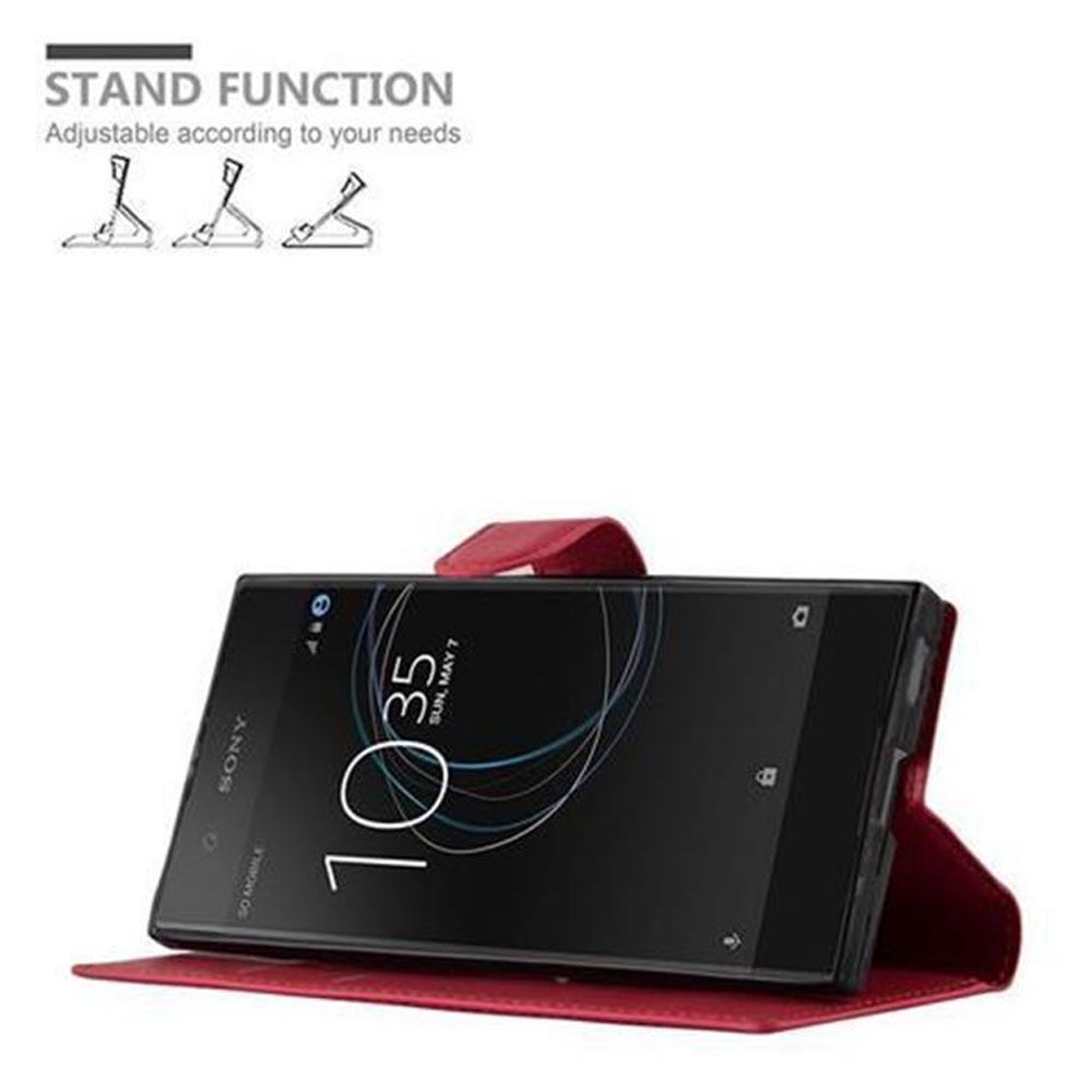Telefon in roter Hülle aufgestellt. Text zeigt 'Stand Function' und Diagramme für verschiedene Winkel.