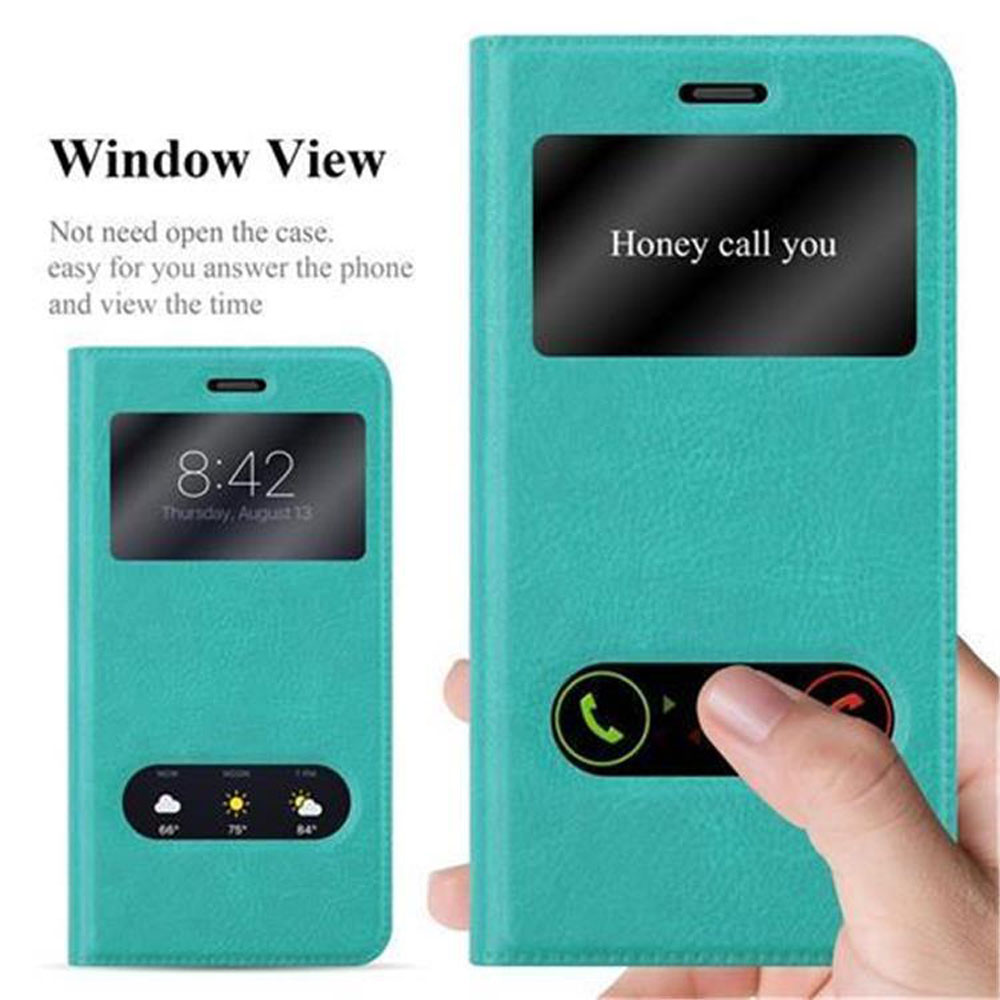 Custodia per telefono verde acqua con vista finestra. La custodia è aperta e mostra l'ora e un invito di chiamata.