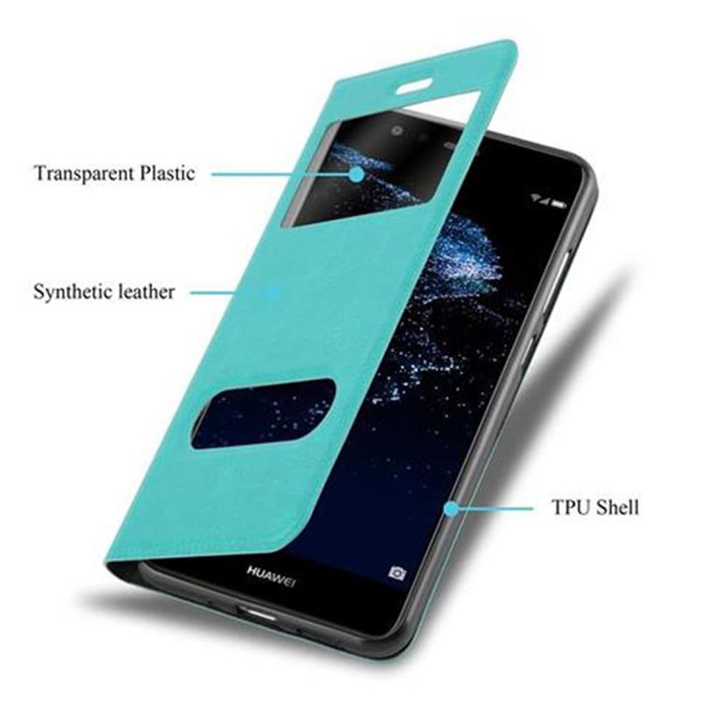 Custodia per telefono con telefono all'interno, con coperchio aperto. Il coperchio è azzurro.