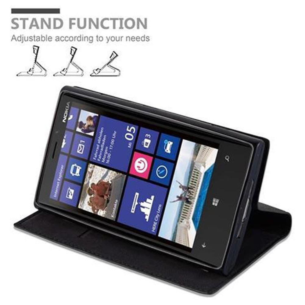 Telefono nero in custodia nera, funzione stand. Il telefono mostra uno schermo con icone. Sfondo bianco.
