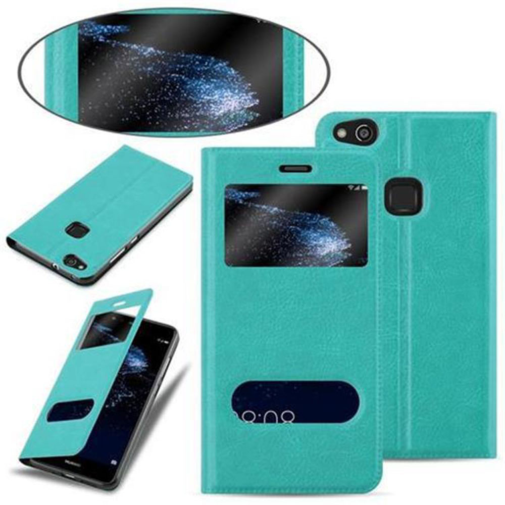 Una custodia per telefono verde acqua con un telefono all'interno. Vengono mostrate diverse viste della custodia, aperta e chiusa.