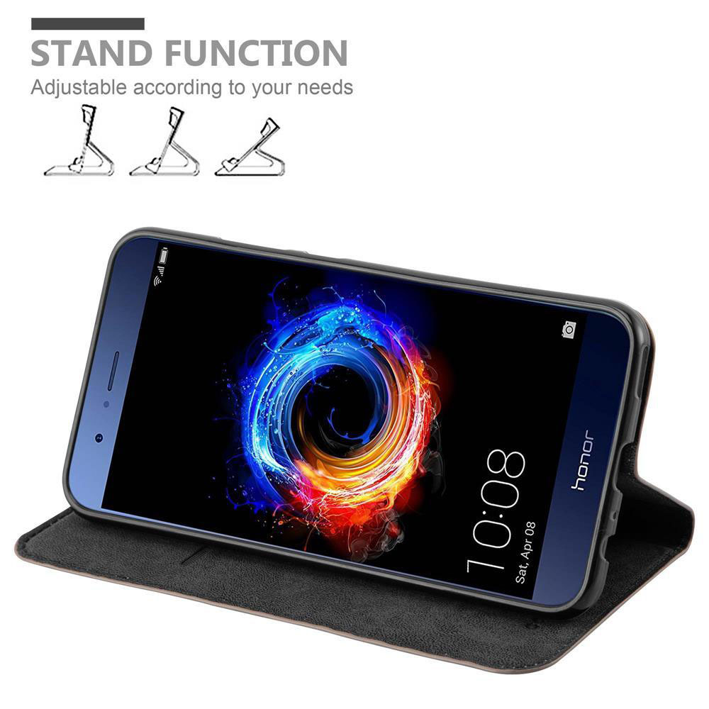 Telefono nero in una custodia con funzione stand. Lo schermo del telefono mostra un design a forma di fuoco e l'ora.