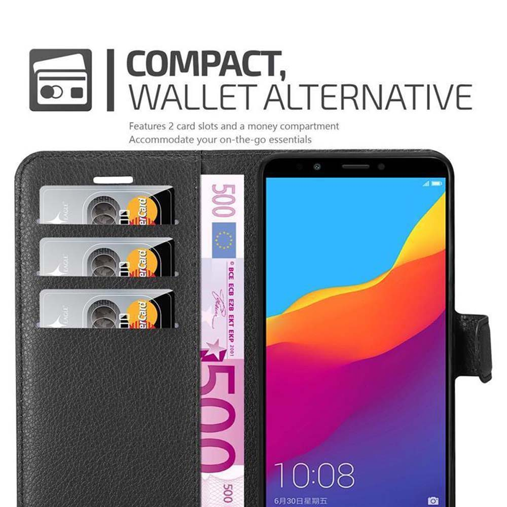 Un telefono in una custodia a libro con fessure per carte e un vano porta soldi.