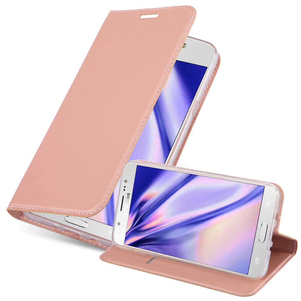 Custodia rosa per telefono con telefono all'interno. La custodia si apre per mostrare lo schermo.