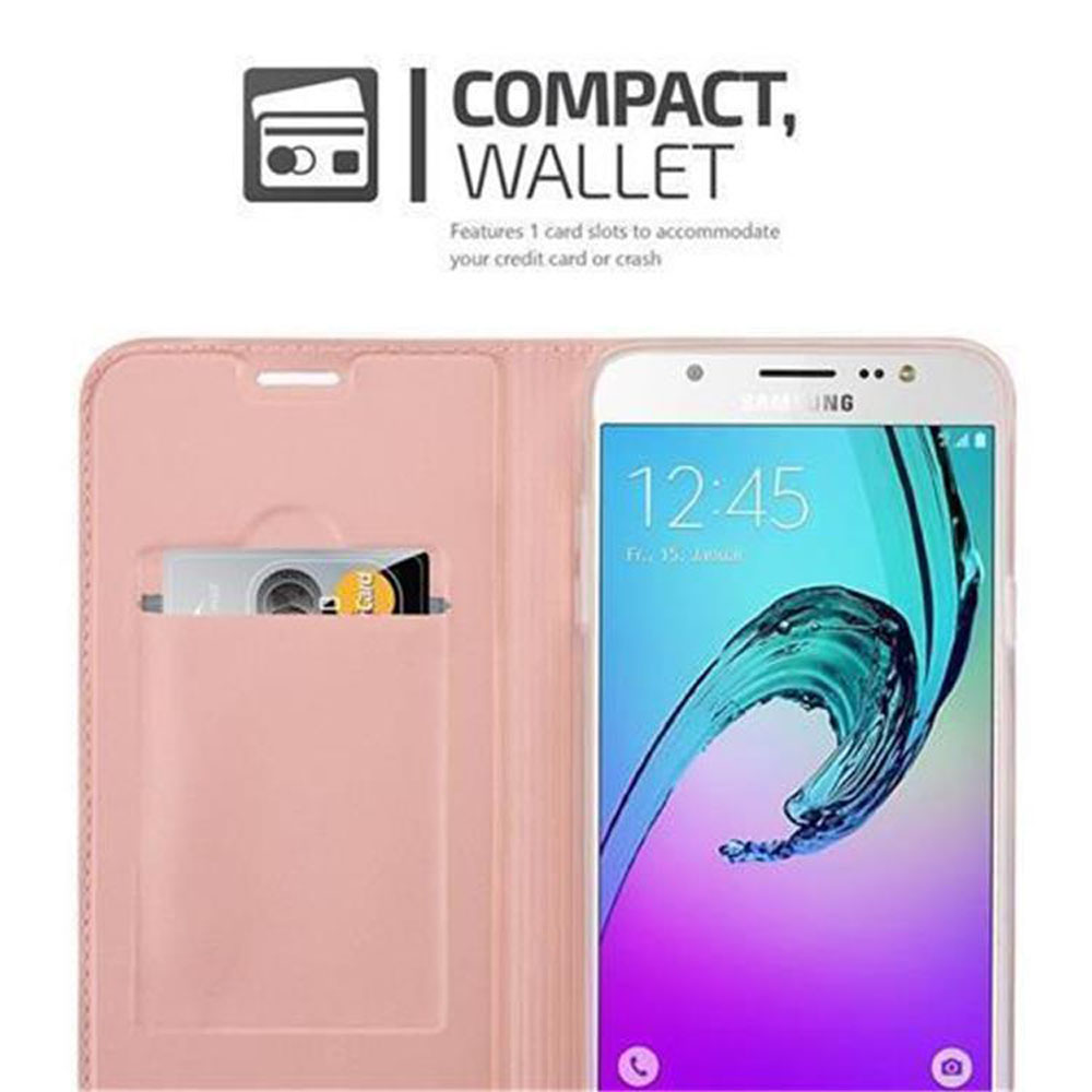 Custodia per telefono rosa aperta, che mostra telefono e slot per schede con carta di credito.