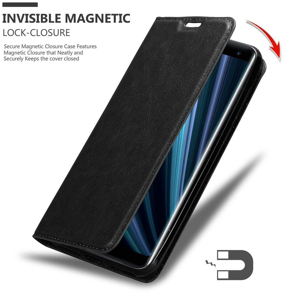 Schwarze Handyhülle, geöffnet, um das Telefon im Inneren zu zeigen. Text sagt Magnetverschluss.