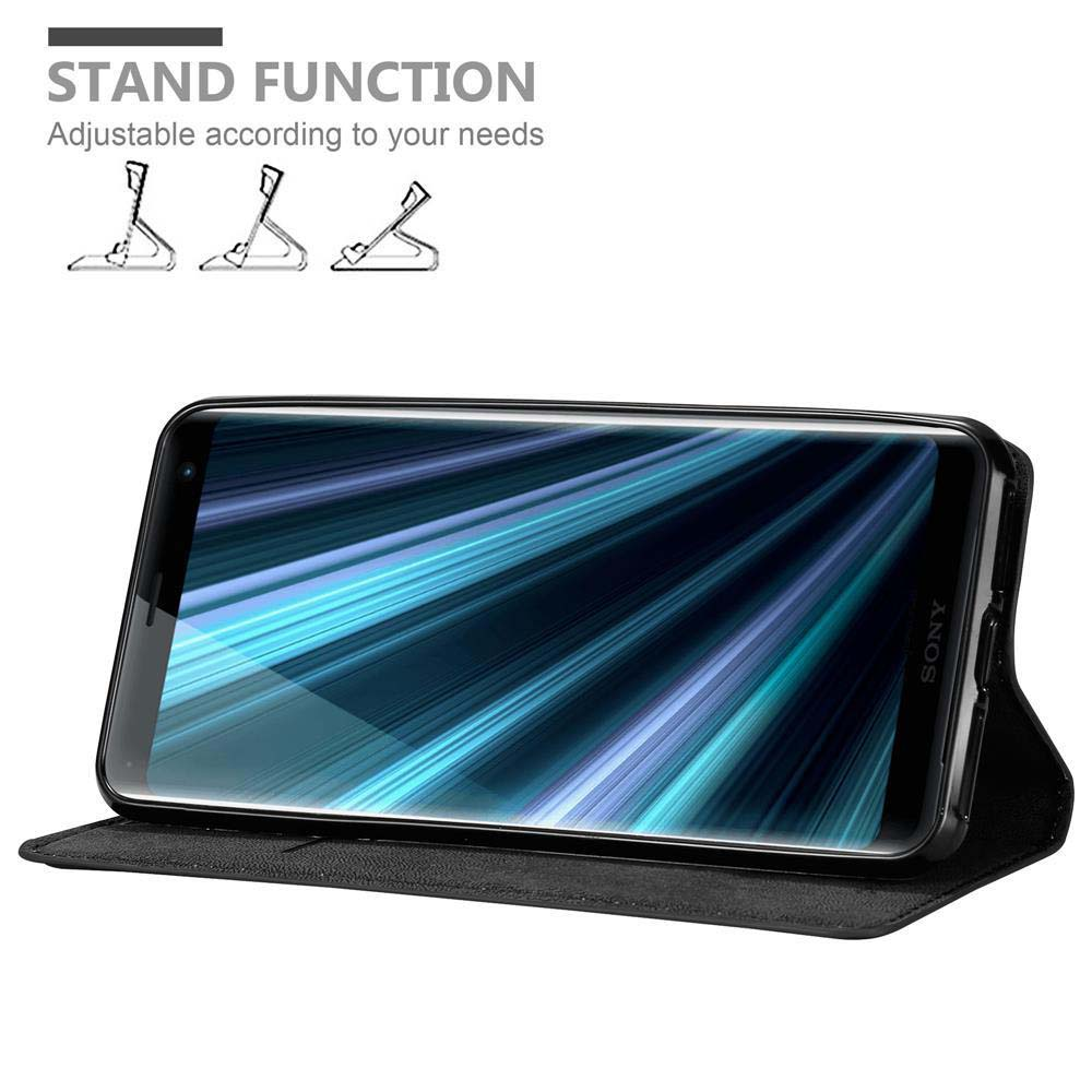 Ein schwarzes Telefon in einer schwarzen Hülle auf weißem Hintergrund. Text: 'Standfunktion' und Standoptionen.
