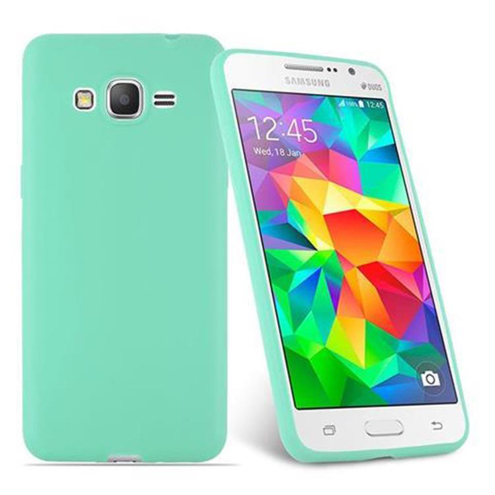Una custodia verde menta accanto a un telefono Samsung bianco.