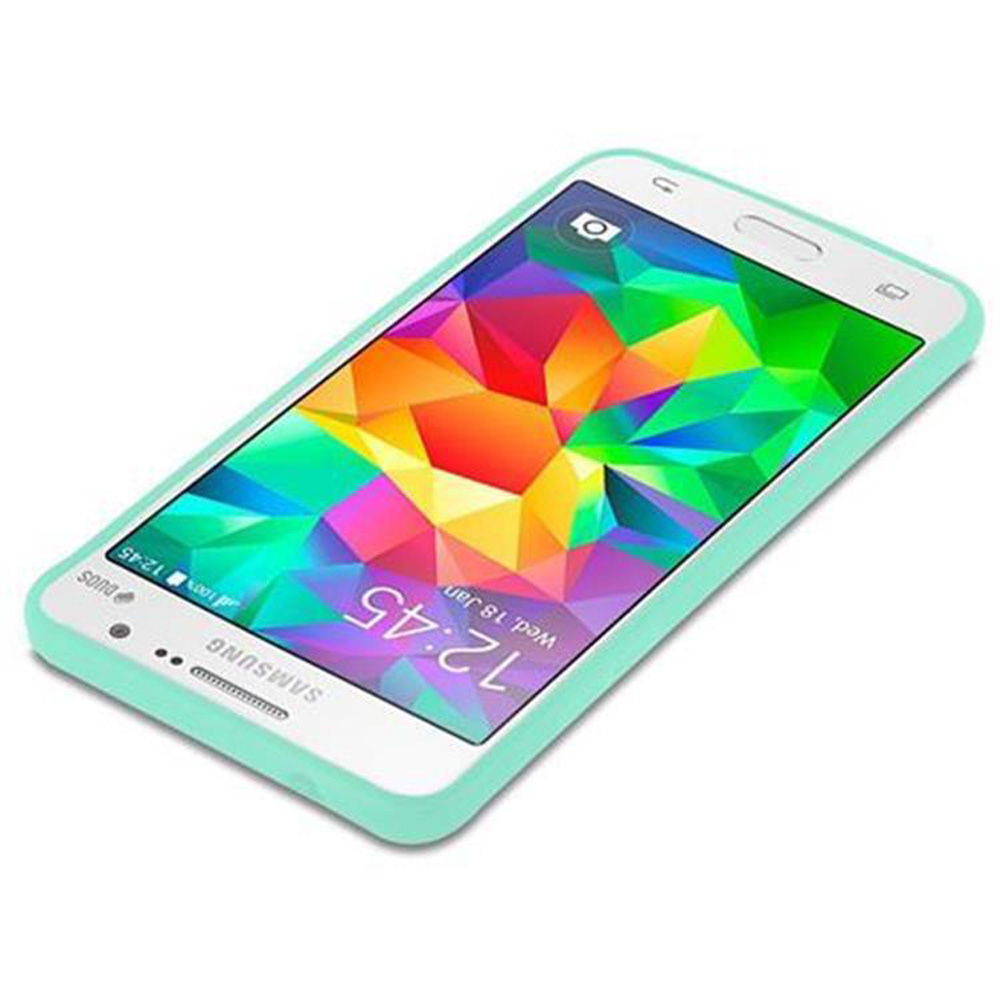 Telefono Samsung in una custodia verde menta, che mostra lo schermo con un design geometrico colorato.