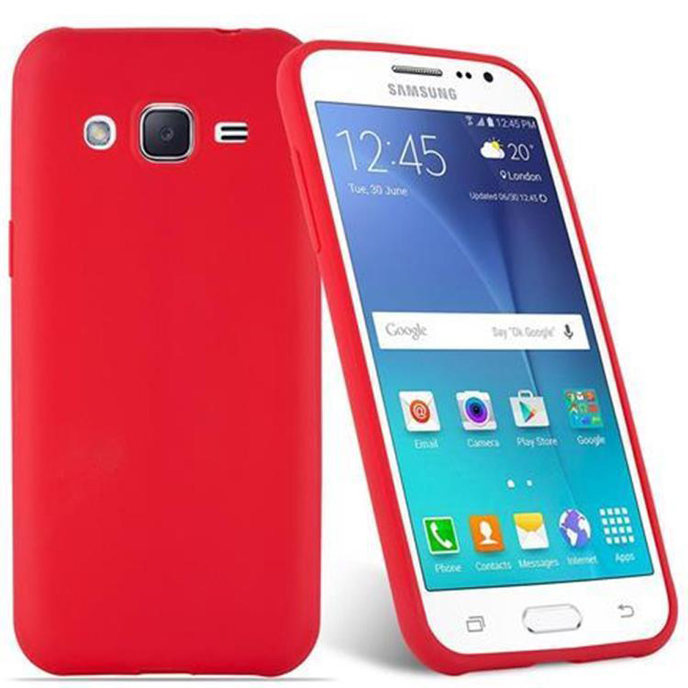 Telefono rosso in custodia, accanto a un'altra custodia rossa. Il telefono mostra ora e icone.