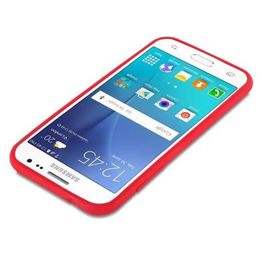 Smartphone bianco in una custodia rossa. Lo schermo mostra icone delle app e l'ora 12:45.