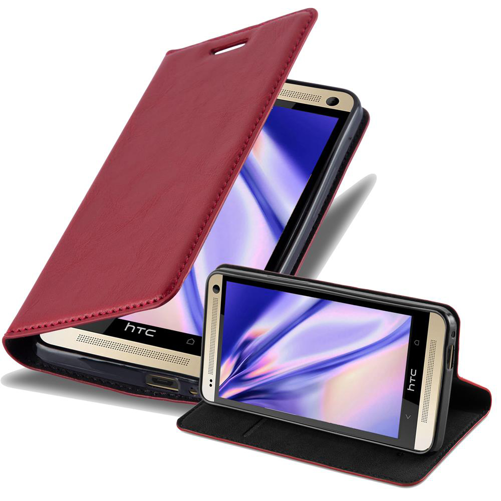 Funda roja con teléfono dentro, abierta. La funda es roja y el fondo blanco.