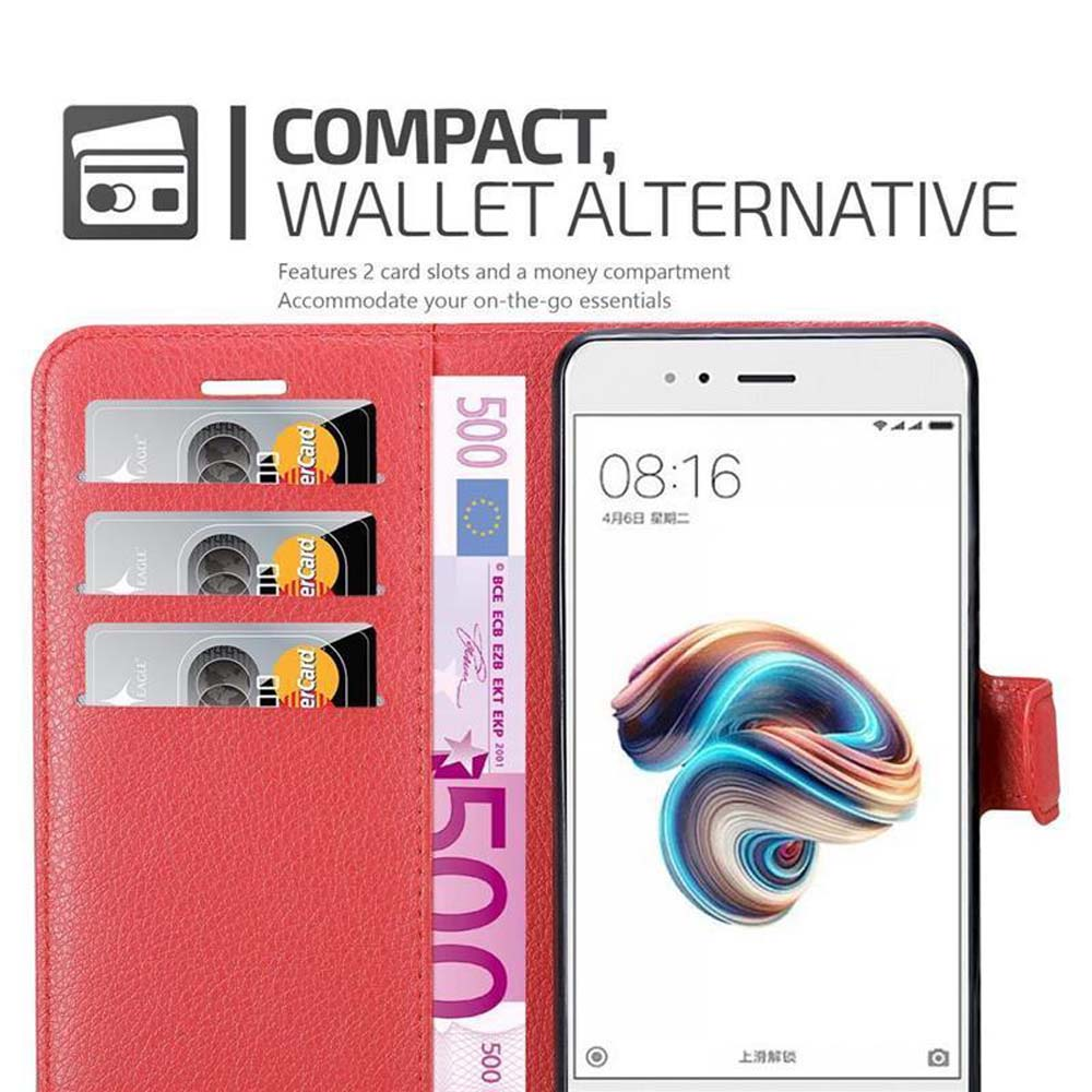 Rote Handyhülle mit Karten und Bargeld, ein weißes Handy zeigt ein buntes Bild.