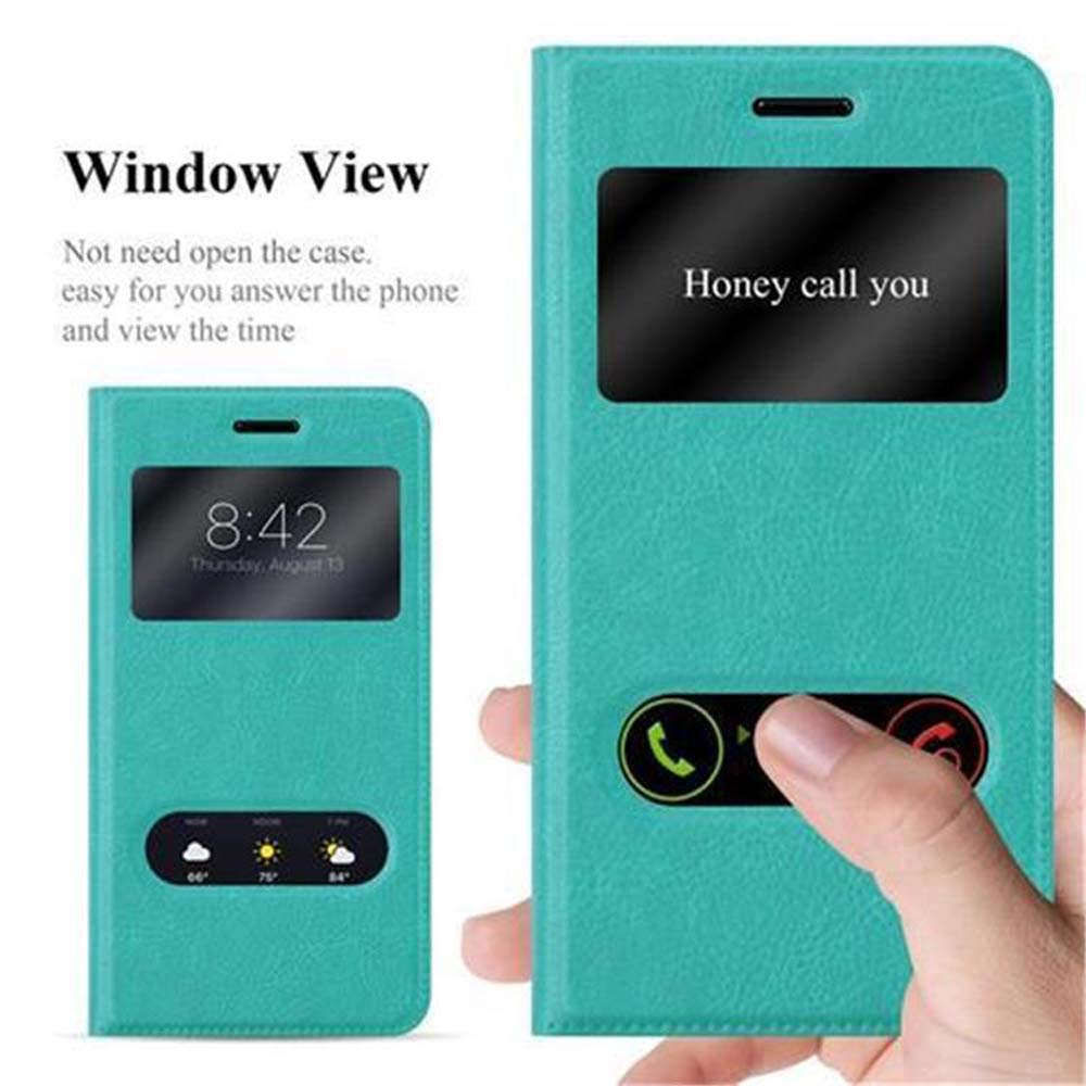 Türkisfarbenes Handycase geöffnet, zeigt einen Telefonbildschirm. Fensteransicht und Wettersymbole.