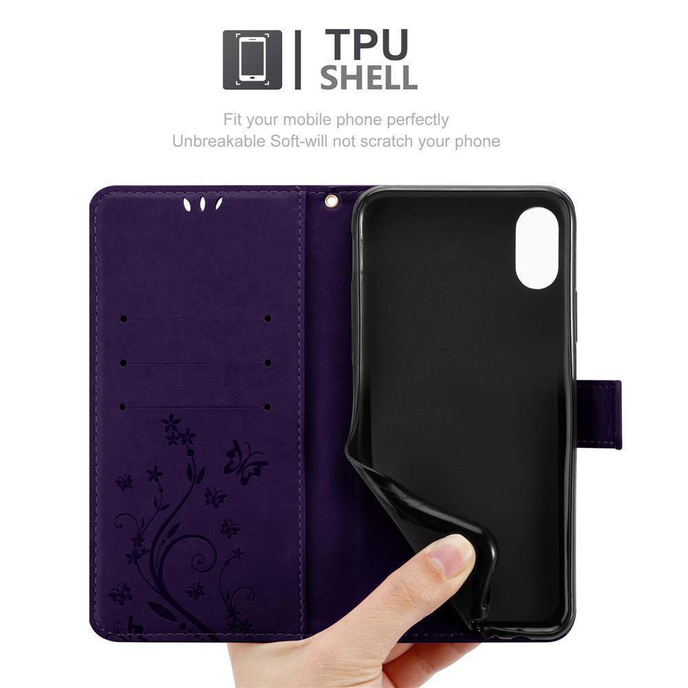Custodia viola per telefono aperta, forma del telefono mostrata. Testo: TPU SHELL, infrangibile, morbido.