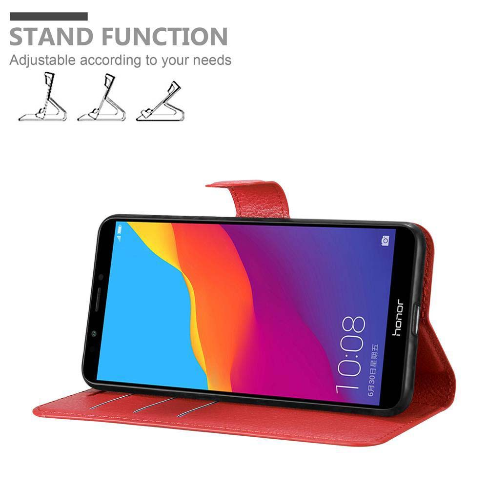 Custodia per telefono rossa, il telefono è aperto, in piedi. Il display è visibile, la custodia funge da supporto.