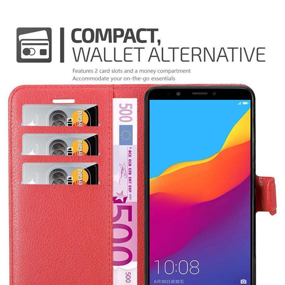 Custodia rossa per telefono con slot per carte e banconote. Il telefono mostra l'ora. Testo: Alternativa compatta al portafoglio.