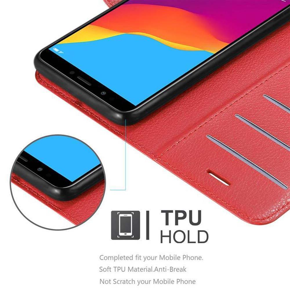 Una custodia rossa con un telefono nero all'interno. La custodia è aperta. Lo schermo del telefono è blu.