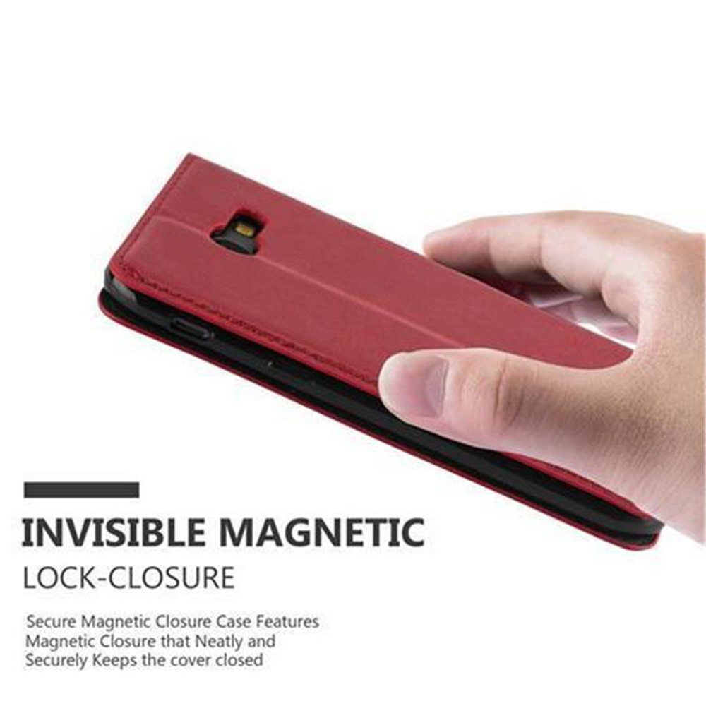 Hand, die eine rote Handyhülle offen hält und das Telefon im Inneren zeigt. Der Text oben lautet 'INVISIBLE MAGNETIC LOCK-CLOSURE'.
