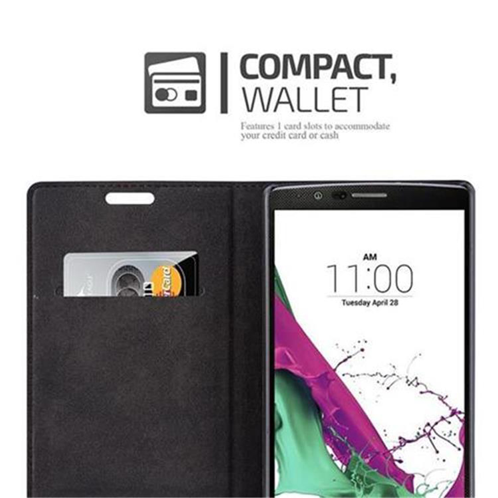 Una custodia nera per telefono con un telefono all'interno. Una carta di credito è nello slot sinistro. Il testo dice 'COMPACT WALLET'.